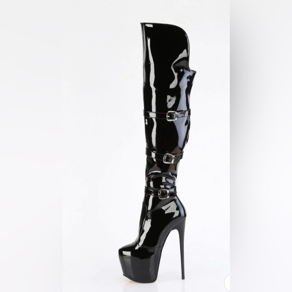 Pleaser Jubilant 3018 Black Stiletto Patent Thigh-High Boots 7 - Picture 2 of 6